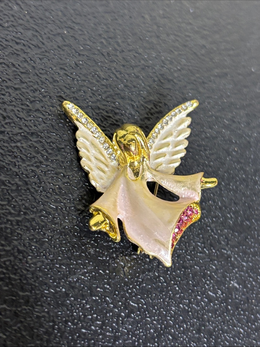 Gold and White Guardian Angel Brooch with Pink and Clear Crystals